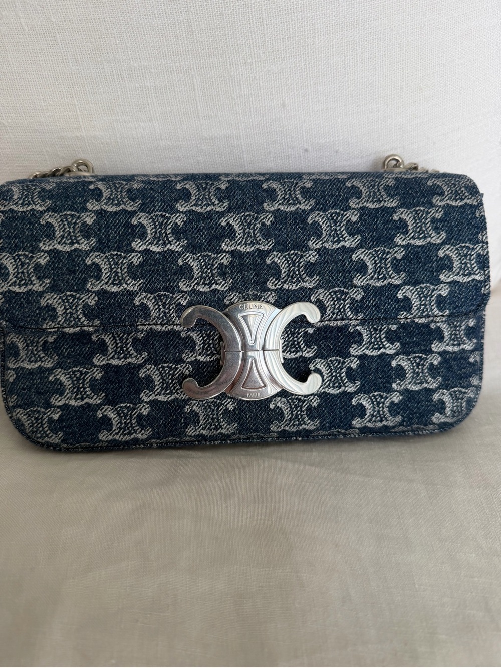 Celine Dark Blue Triomphe Denim Shoulder Bag with Silver Hardware